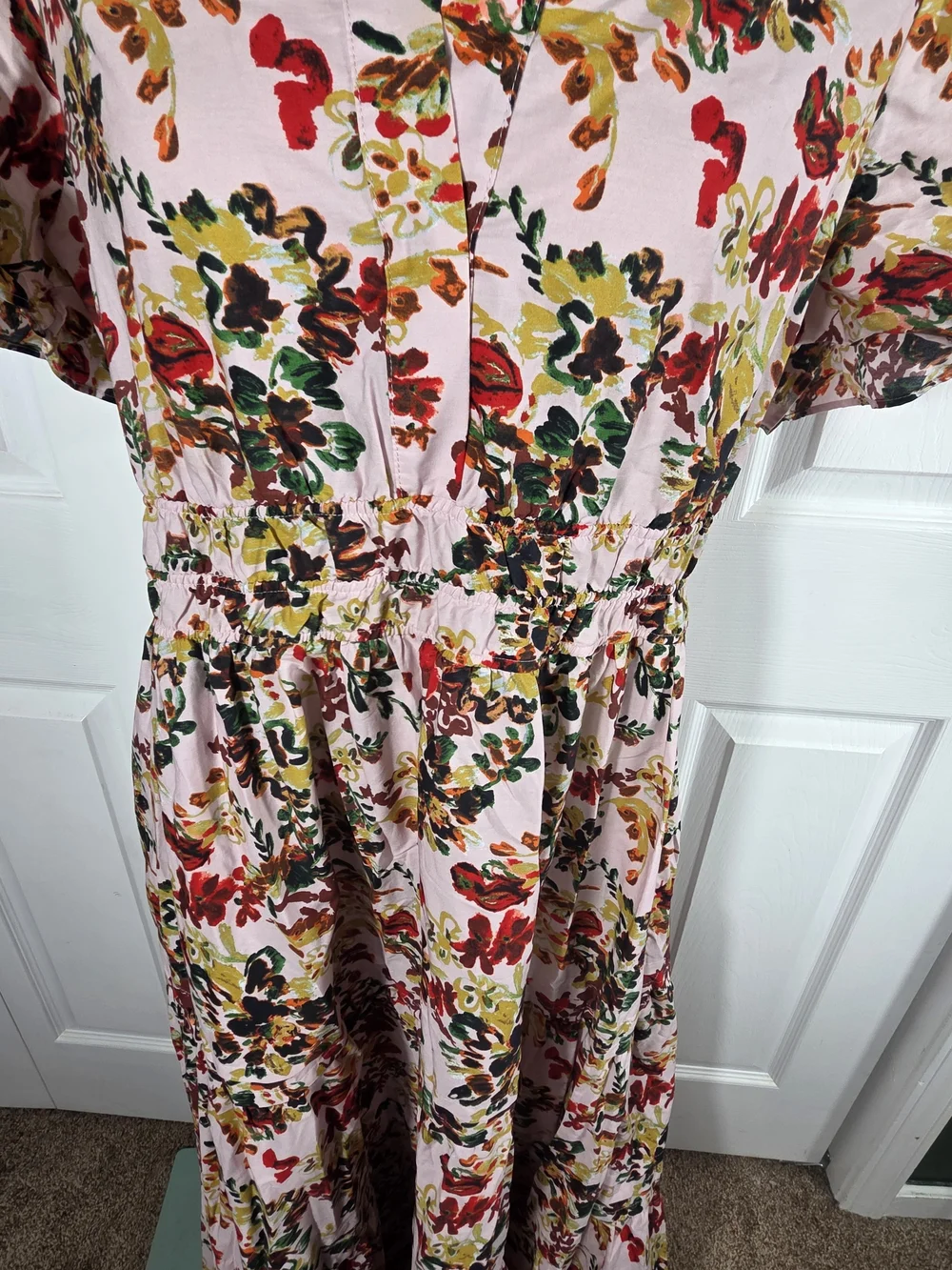 Maeve Anthropologie Floral Maxi Dress Pink Smocked Waist Short Sleeve XL - Picture 3 of 10